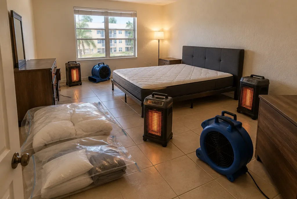 Bed bug heat treatment equipment set up in a Miami apartment